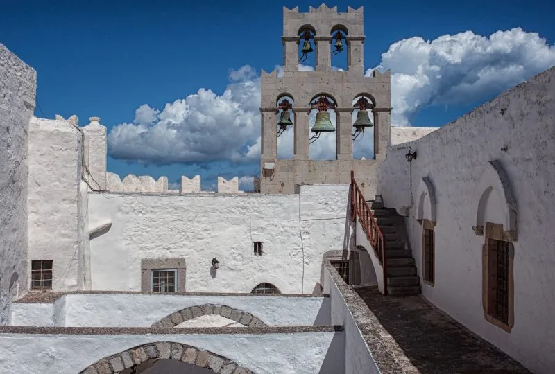 Courtyard and bell tower of the Monastery of Saint John in Patmos