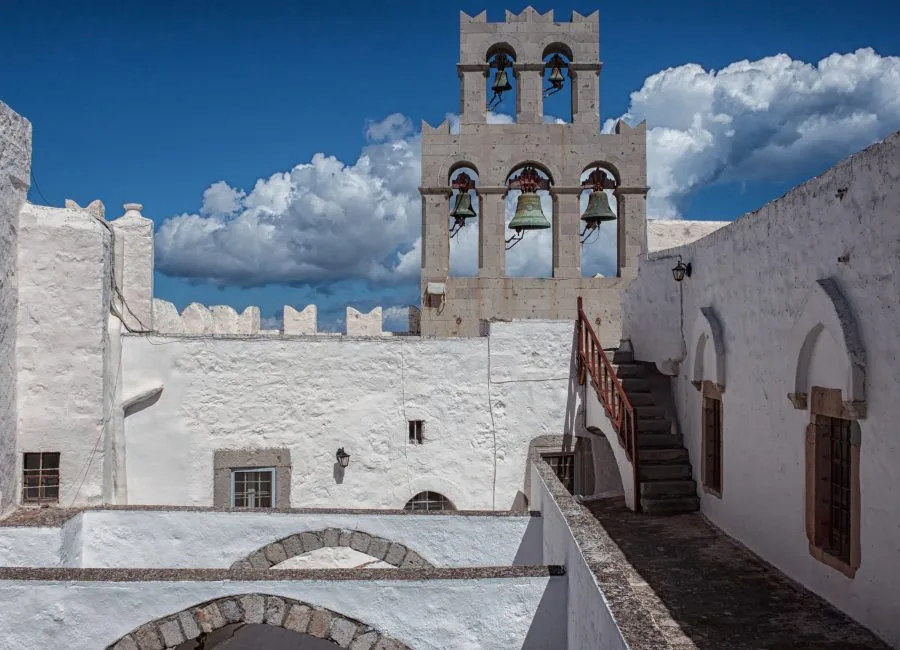 Courtyard and bell tower of the Monastery of Saint John in Patmos